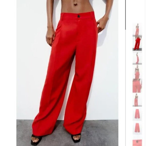 NWT ZARA FLOWY PLEATED PANTS BRIGHT RED - Picture 1 of 8
